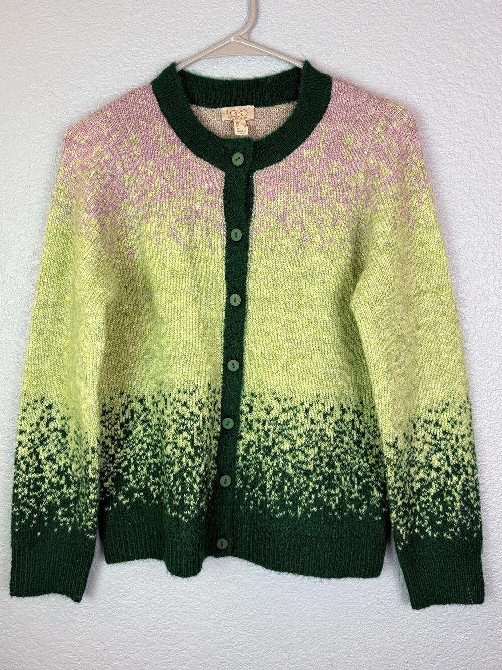 LOGO By Lori Goldstein Cardigan Sweater Womens Small Green Ombre Geometric Knit